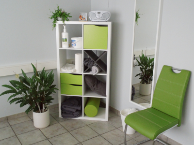 Das Bild zeigt ein Regal, links danebensteht eine Topfpflanze und rechts daneben ein grüner Stuhl.